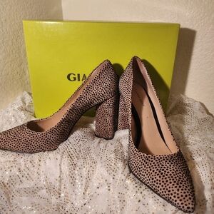 Gianni Bini Kaislie Heel Tan with Black Spots Suede.